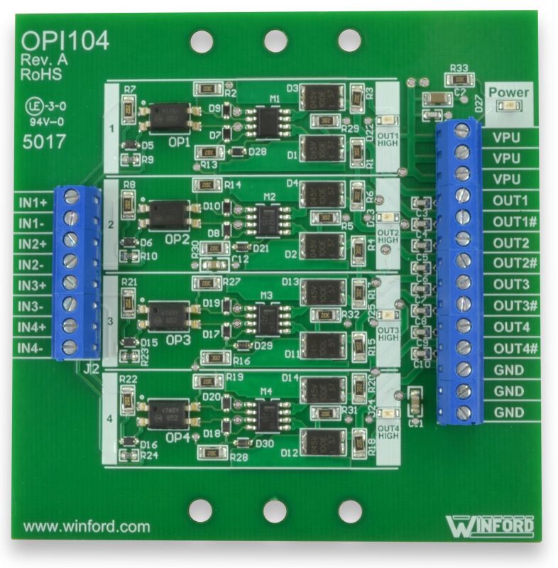 OptoIsolator Board 4 Channels, Buffered Outputs Winford Engineering