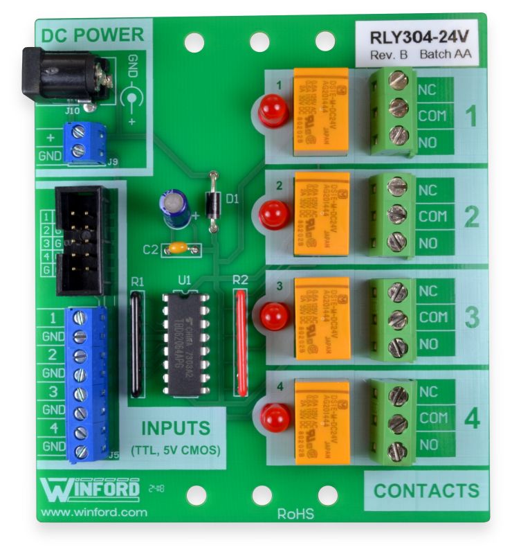 Relay Board TTL Logic Level Inputs, 4 SPDT 2A Relays Winford Engineering